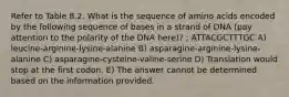 Refer to Table 8.2. What is the sequence of amino acids encoded by the following sequence of bases in a strand of DNA (pay attention to the polarity of the DNA here)? ; ATTACGCTTTGC A) leucine-arginine-lysine-alanine B) asparagine-arginine-lysine-alanine C) asparagine-cysteine-valine-serine D) Translation would stop at the first codon. E) The answer cannot be determined based on the information provided.