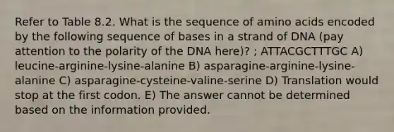 Refer to Table 8.2. What is the sequence of amino acids encoded by the following sequence of bases in a strand of DNA (pay attention to the polarity of the DNA here)? ; ATTACGCTTTGC A) leucine-arginine-lysine-alanine B) asparagine-arginine-lysine-alanine C) asparagine-cysteine-valine-serine D) Translation would stop at the first codon. E) The answer cannot be determined based on the information provided.