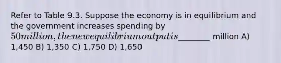 Refer to Table 9.3. Suppose the economy is in equilibrium and the government increases spending by 50 million, the new equilibrium output is________ million A) 1,450 B) 1,350 C) 1,750 D) 1,650