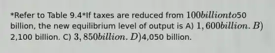 *Refer to Table 9.4*If taxes are reduced from 100 billion to50 billion, the new equilibrium level of output is A) 1,600 billion. B)2,100 billion. C) 3,850 billion. D)4,050 billion.