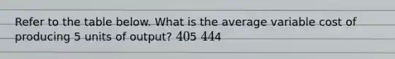 Refer to the table below. What is the average variable cost of producing 5 units of output? 405 444