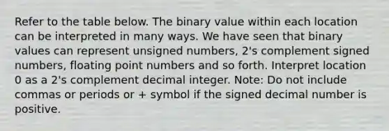 Refer to the table below. The binary value within each location can be interpreted in many ways. We have seen that binary values can represent unsigned numbers, 2's complement signed numbers, floating point numbers and so forth. Interpret location 0 as a 2's complement decimal integer. Note: Do not include commas or periods or + symbol if the signed decimal number is positive.