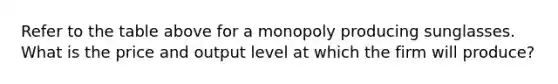 Refer to the table above for a monopoly producing sunglasses. What is the price and output level at which the firm will produce?