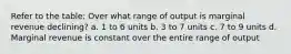 Refer to the table: Over what range of output is marginal revenue declining? a. 1 to 6 units b. 3 to 7 units c. 7 to 9 units d. Marginal revenue is constant over the entire range of output