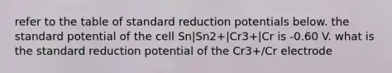 refer to the table of standard reduction potentials below. the standard potential of the cell Sn|Sn2+|Cr3+|Cr is -0.60 V. what is the standard reduction potential of the Cr3+/Cr electrode