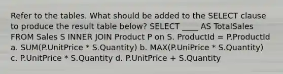 Refer to the tables. What should be added to the SELECT clause to produce the result table below? SELECT ____ AS TotalSales FROM Sales S INNER JOIN Product P on S. ProductId = P.ProductId a. SUM(P.UnitPrice * S.Quantity) b. MAX(P.UniPrice * S.Quantity) c. P.UnitPrice * S.Quantity d. P.UnitPrice + S.Quantity