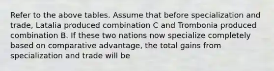 Refer to the above tables. Assume that before specialization and trade, Latalia produced combination C and Trombonia produced combination B. If these two nations now specialize completely based on comparative advantage, the total gains from specialization and trade will be