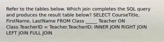 Refer to the tables below. Which join completes the SQL query and produces the result table below? SELECT CourseTitle, FirstName, LastName FROM Class _____ Teacher ON Class.TeacherID = Teacher.TeacherID; INNER JOIN RIGHT JOIN LEFT JOIN FULL JOIN