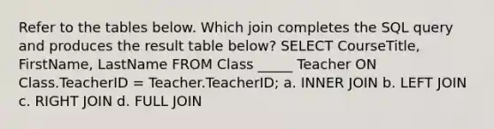 Refer to the tables below. Which join completes the SQL query and produces the result table below? SELECT CourseTitle, FirstName, LastName FROM Class _____ Teacher ON Class.TeacherID = Teacher.TeacherID; a. INNER JOIN b. LEFT JOIN c. RIGHT JOIN d. FULL JOIN