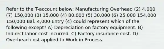 Refer to the T-account below: Manufacturing Overhead (2) 4,000 (7) 150,000 (3) 15,000 (4) 80,000 (5) 30,000 (6) 25,000 154,000 150,000 Bal. 4,000 Entry (4) could represent which of the following except? A) Depreciation on factory equipment. B) Indirect labor cost incurred. C) Factory insurance cost. D) Overhead cost applied to Work in Process.