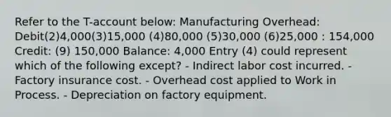 Refer to the T-account below: Manufacturing Overhead: Debit(2)4,000(3)15,000 (4)80,000 (5)30,000 (6)25,000 : 154,000 Credit: (9) 150,000 Balance: 4,000 Entry (4) could represent which of the following except? - Indirect labor cost incurred. - Factory insurance cost. - Overhead cost applied to Work in Process. - Depreciation on factory equipment.