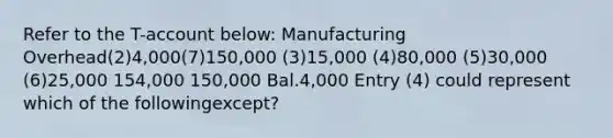 Refer to the T-account below: Manufacturing Overhead(2)4,000(7)150,000 (3)15,000 (4)80,000 (5)30,000 (6)25,000 154,000 150,000 Bal.4,000 Entry (4) could represent which of the followingexcept?