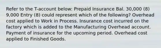 Refer to the T-account below: Prepaid Insurance Bal. 30,000 (8) 9,000 Entry (8) could represent which of the following? Overhead cost applied to Work in Process. Insurance cost incurred on the factory which is added to the Manufacturing Overhead account. Payment of insurance for the upcoming period. Overhead cost applied to Finished Goods.