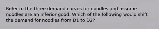 Refer to the three demand curves for noodles and assume noodles are an inferior good. Which of the following would shift the demand for noodles from D1 to D2?