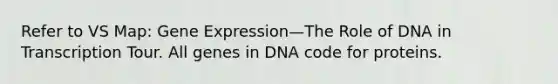 Refer to VS Map: <a href='https://www.questionai.com/knowledge/kFtiqWOIJT-gene-expression' class='anchor-knowledge'>gene expression</a>—The Role of DNA in Transcription Tour. All genes in DNA code for proteins.