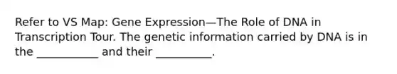 Refer to VS Map: Gene Expression—The Role of DNA in Transcription Tour. The genetic information carried by DNA is in the ___________ and their __________.