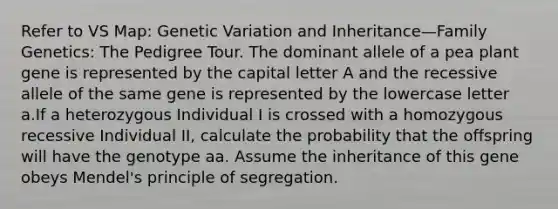 Refer to VS Map: Genetic Variation and Inheritance—Family Genetics: The Pedigree Tour. The dominant allele of a pea plant gene is represented by the capital letter A and the recessive allele of the same gene is represented by the lowercase letter a.If a heterozygous Individual I is crossed with a homozygous recessive Individual II, calculate the probability that the offspring will have the genotype aa. Assume the inheritance of this gene obeys Mendel's principle of segregation.