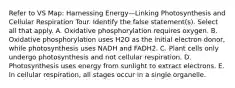 Refer to VS Map: Harnessing Energy—Linking Photosynthesis and Cellular Respiration Tour. Identify the false statement(s). Select all that apply. A. Oxidative phosphorylation requires oxygen. B. Oxidative phosphorylation uses H2O as the initial electron donor, while photosynthesis uses NADH and FADH2. C. Plant cells only undergo photosynthesis and not cellular respiration. D. Photosynthesis uses energy from sunlight to extract electrons. E. In cellular respiration, all stages occur in a single organelle.