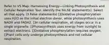 Refer to VS Map: Harnessing Energy—Linking Photosynthesis and Cellular Respiration Tour. Identify the FALSE statement(s). Select all that apply. (3 False statements) []Oxidative phosphorylation uses H2O as the initial electron donor, while photosynthesis uses NADH and FADH2. []In cellular respiration, all stages occur in a single organelle. []Photosynthesis uses energy from sunlight to extract electrons. []Oxidative phosphorylation requires oxygen. []Plant cells only undergo photosynthesis and not cellular respiration.