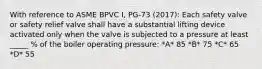 With reference to ASME BPVC I, PG-73 (2017): Each safety valve or safety relief valve shall have a substantial lifting device activated only when the valve is subjected to a pressure at least _____ % of the boiler operating pressure: *A* 85 *B* 75 *C* 65 *D* 55