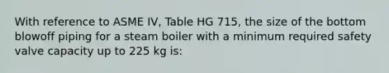 With reference to ASME IV, Table HG 715, the size of the bottom blowoff piping for a steam boiler with a minimum required safety valve capacity up to 225 kg is: