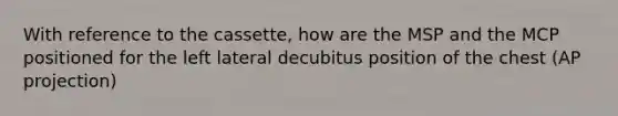 With reference to the cassette, how are the MSP and the MCP positioned for the left lateral decubitus position of the chest (AP projection)