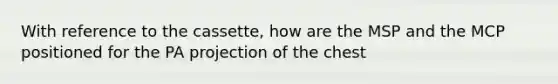 With reference to the cassette, how are the MSP and the MCP positioned for the PA projection of the chest