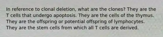 In reference to clonal deletion, what are the clones? They are the T cells that undergo apoptosis. They are the cells of the thymus. They are the offspring or potential offspring of lymphocytes. They are the stem cells from which all T cells are derived.