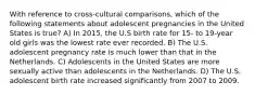 With reference to cross-cultural comparisons, which of the following statements about adolescent pregnancies in the United States is true? A) In 2015, the U.S birth rate for 15- to 19-year old girls was the lowest rate ever recorded. B) The U.S. adolescent pregnancy rate is much lower than that in the Netherlands. C) Adolescents in the United States are more sexually active than adolescents in the Netherlands. D) The U.S. adolescent birth rate increased significantly from 2007 to 2009.