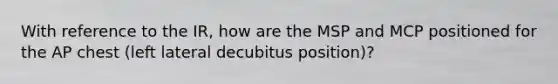 With reference to the IR, how are the MSP and MCP positioned for the AP chest (left lateral decubitus position)?