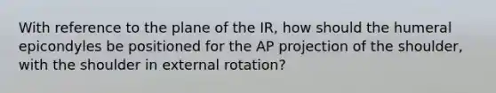 With reference to the plane of the IR, how should the humeral epicondyles be positioned for the AP projection of the shoulder, with the shoulder in external rotation?