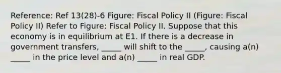 Reference: Ref 13(28)-6 Figure: Fiscal Policy II (Figure: Fiscal Policy II) Refer to Figure: Fiscal Policy II. Suppose that this economy is in equilibrium at E1. If there is a decrease in government transfers, _____ will shift to the _____, causing a(n) _____ in the price level and a(n) _____ in real GDP.