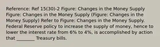 Reference: Ref 15(30)-2 Figure: Changes in the Money Supply Figure: Changes in the Money Supply (Figure: Changes in the Money Supply) Refer to Figure: Changes in the Money Supply. Federal Reserve policy to increase the <a href='https://www.questionai.com/knowledge/kUIOOoB75i-supply-of-money' class='anchor-knowledge'>supply of money</a>, hence to lower the interest rate from 6% to 4%, is accomplished by action that ________ Treasury bills.