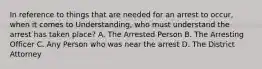 In reference to things that are needed for an arrest to occur, when it comes to Understanding, who must understand the arrest has taken place? A. The Arrested Person B. The Arresting Officer C. Any Person who was near the arrest D. The District Attorney