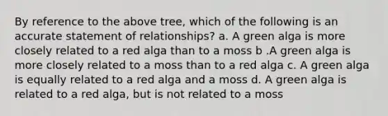 By reference to the above tree, which of the following is an accurate statement of relationships? a. A green alga is more closely related to a red alga than to a moss b .A green alga is more closely related to a moss than to a red alga c. A green alga is equally related to a red alga and a moss d. A green alga is related to a red alga, but is not related to a moss