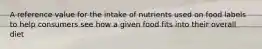 A reference value for the intake of nutrients used on food labels to help consumers see how a given food fits into their overall diet
