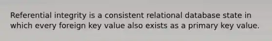 Referential integrity is a consistent relational database state in which every foreign key value also exists as a primary key value.