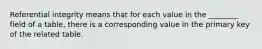 Referential integrity means that for each value in the ________ field of a table, there is a corresponding value in the primary key of the related table.