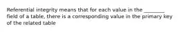 Referential integrity means that for each value in the ________ field of a table, there is a corresponding value in the primary key of the related table