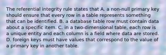 The referential integrity rule states that A. a non-null primary key should ensure that every row in a table represents something that can be identified. B. a database table row must contain data about a specific item. C. in a two-dimensional table, each row is a unique entity and each column is a field where data are stored. D. foreign keys must have values that correspond to the value of a primary key in another table.