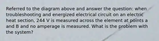 Referred to the diagram above and answer the question: when troubleshooting and energized electrical circuit on an electric heat section, 244 V is measured across the element at points a and B and no amperage is measured. What is the problem with the system?