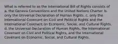 What is referred to as the International Bill of Rights consists of a. the Geneva Conventions and the United Nations Charter. b. only the Universal Declaration of Human Rights. c. only the International Covenant on Civil and Political Rights and the International Covenant on Economic, Social, and Cultural Rights. d. the Universal Declaration of Human Rights, the International Covenant on Civil and Political Rights, and the International Covenant on Economic, Social, and Cultural Rights.