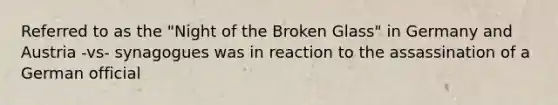 Referred to as the "Night of the Broken Glass" in Germany and Austria -vs- synagogues was in reaction to the assassination of a German official