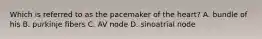 Which is referred to as the pacemaker of the heart? A. bundle of his B. purkinje fibers C. AV node D. sinoatrial node