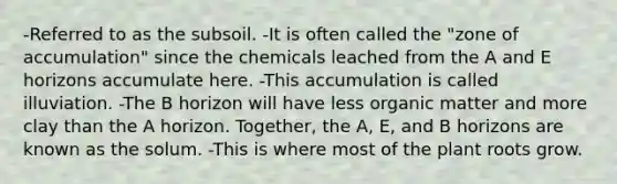 -Referred to as the subsoil. -It is often called the "zone of accumulation" since the chemicals leached from the A and E horizons accumulate here. -This accumulation is called illuviation. -The B horizon will have less organic matter and more clay than the A horizon. Together, the A, E, and B horizons are known as the solum. -This is where most of the plant roots grow.