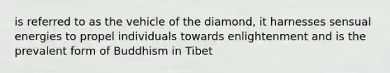 is referred to as the vehicle of the diamond, it harnesses sensual energies to propel individuals towards enlightenment and is the prevalent form of Buddhism in Tibet