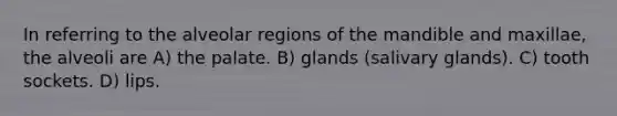 In referring to the alveolar regions of the mandible and maxillae, the alveoli are A) the palate. B) glands (salivary glands). C) tooth sockets. D) lips.