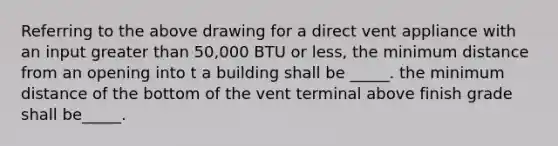 Referring to the above drawing for a direct vent appliance with an input greater than 50,000 BTU or less, the minimum distance from an opening into t a building shall be _____. the minimum distance of the bottom of the vent terminal above finish grade shall be_____.