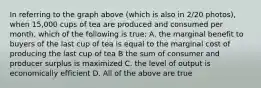 In referring to the graph above (which is also in 2/20 photos), when 15,000 cups of tea are produced and consumed per month, which of the following is true: A. the marginal benefit to buyers of the last cup of tea is equal to the marginal cost of producing the last cup of tea B the sum of consumer and producer surplus is maximized C. the level of output is economically efficient D. All of the above are true