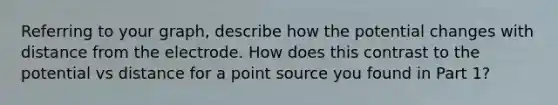 Referring to your graph, describe how the potential changes with distance from the electrode. How does this contrast to the potential vs distance for a point source you found in Part 1?